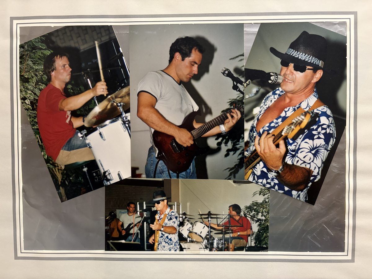 Foto-Collage aus den Anfängen 2003: Die drei Bandmitglieder bei ihren ersten Auftritten und Proben